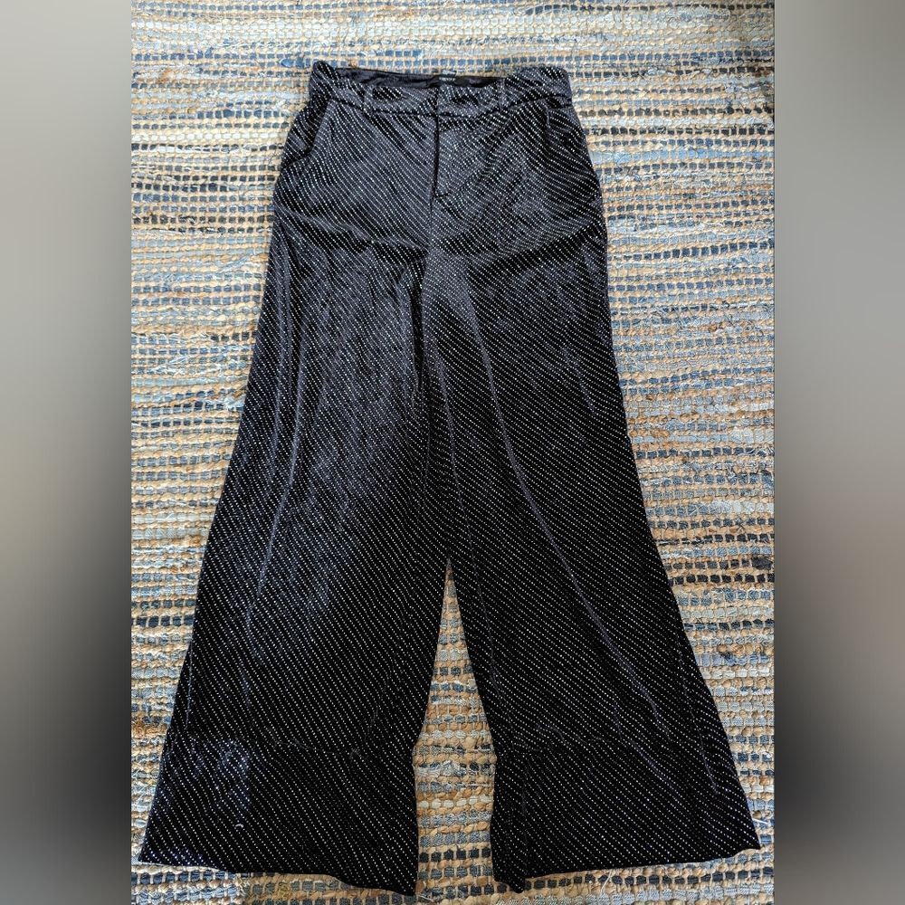 Wide Leg M Metallic Glitter Silver Pinstripes Fun Cluttercore Mcbling Y2K - Picture 2 of 12
